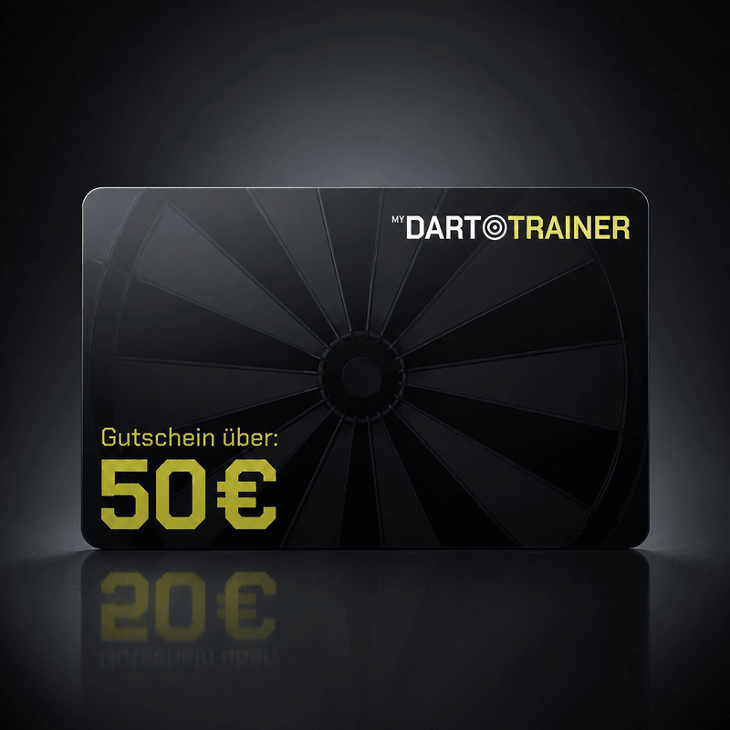 Geschenkgutschein im schwarzen Design mit 50€ Wert für Dart-Training.