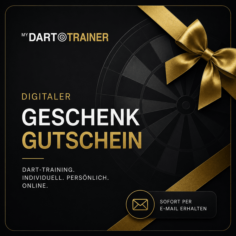 Digitaler Dart-Geschenkgutschein mit goldener Schleife und Dart-Scheibe.