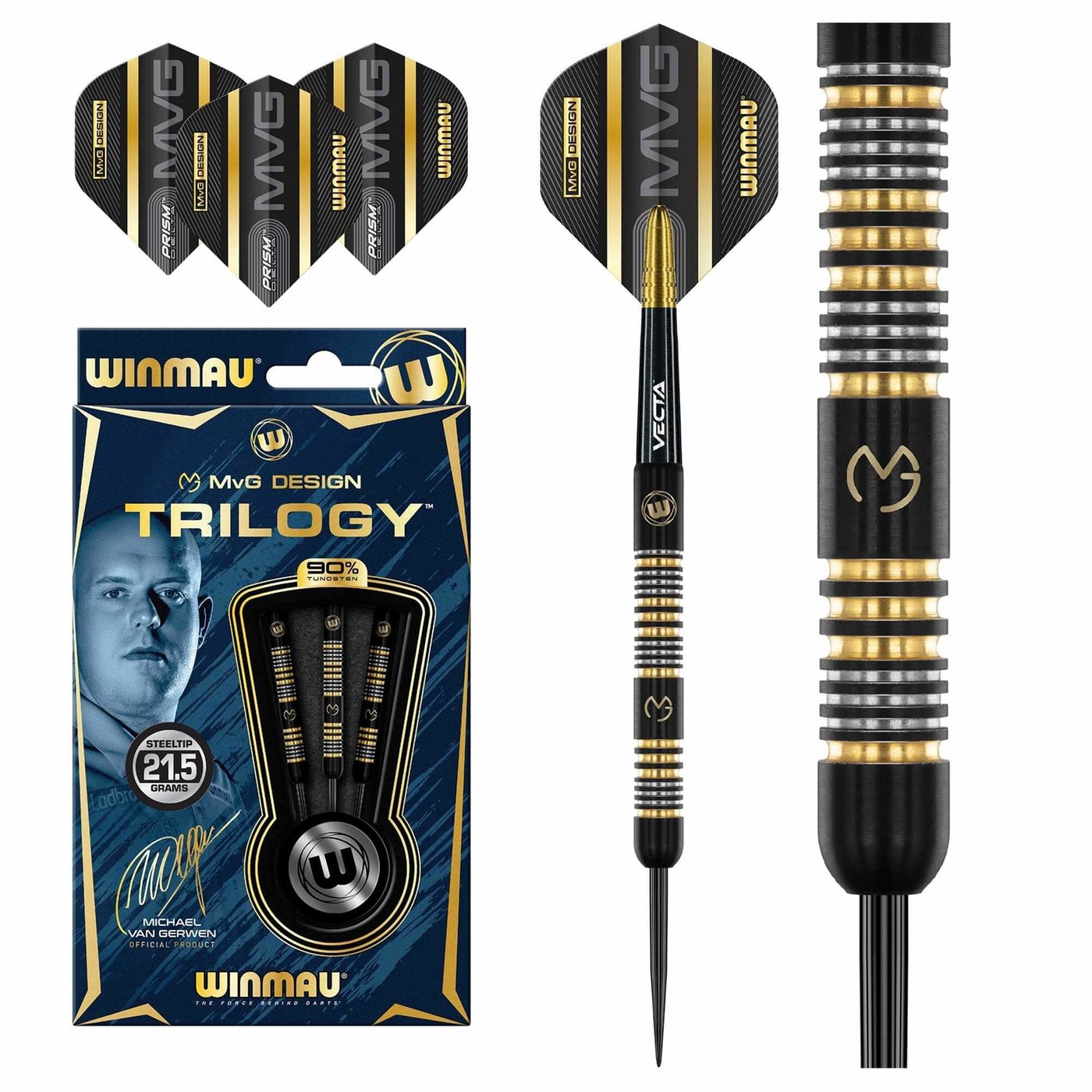 Winmau Michael van Gerwen Trilogy 90% Steeldarts mit goldenen Ringen.