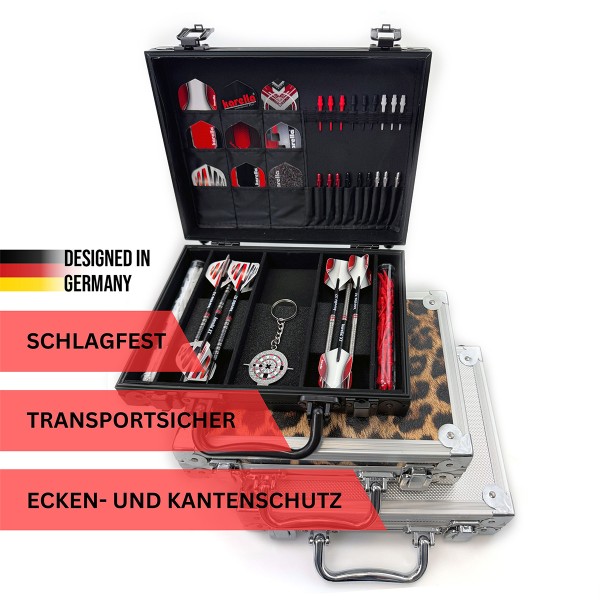 Dartpfeile im schwarzen Koffer mit Schutz und Zubehör, Made in Germany.