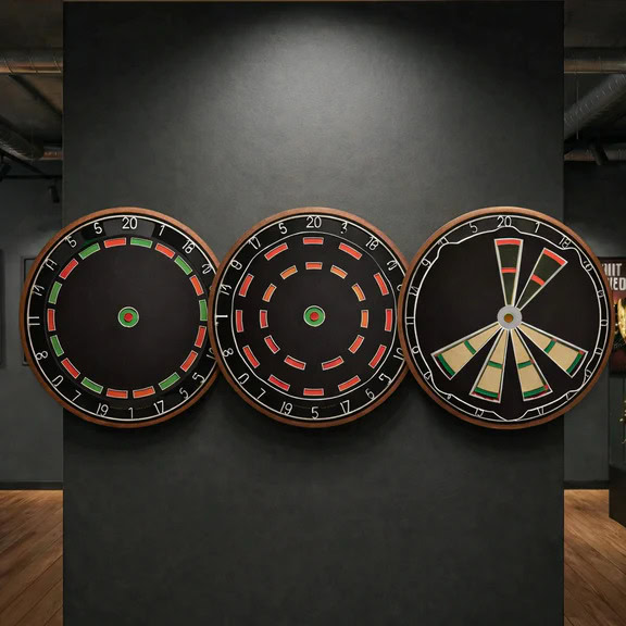 Dart Zielscheiben mit verschiedenen Zielmustern an einer Wand.