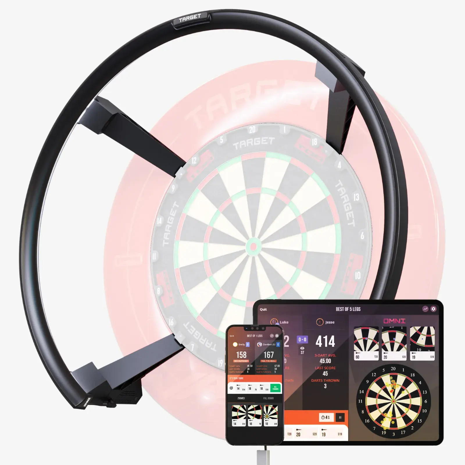 MyDartTrainer mit digitaler Zielscheibe und App-Anzeige für Darttraining.