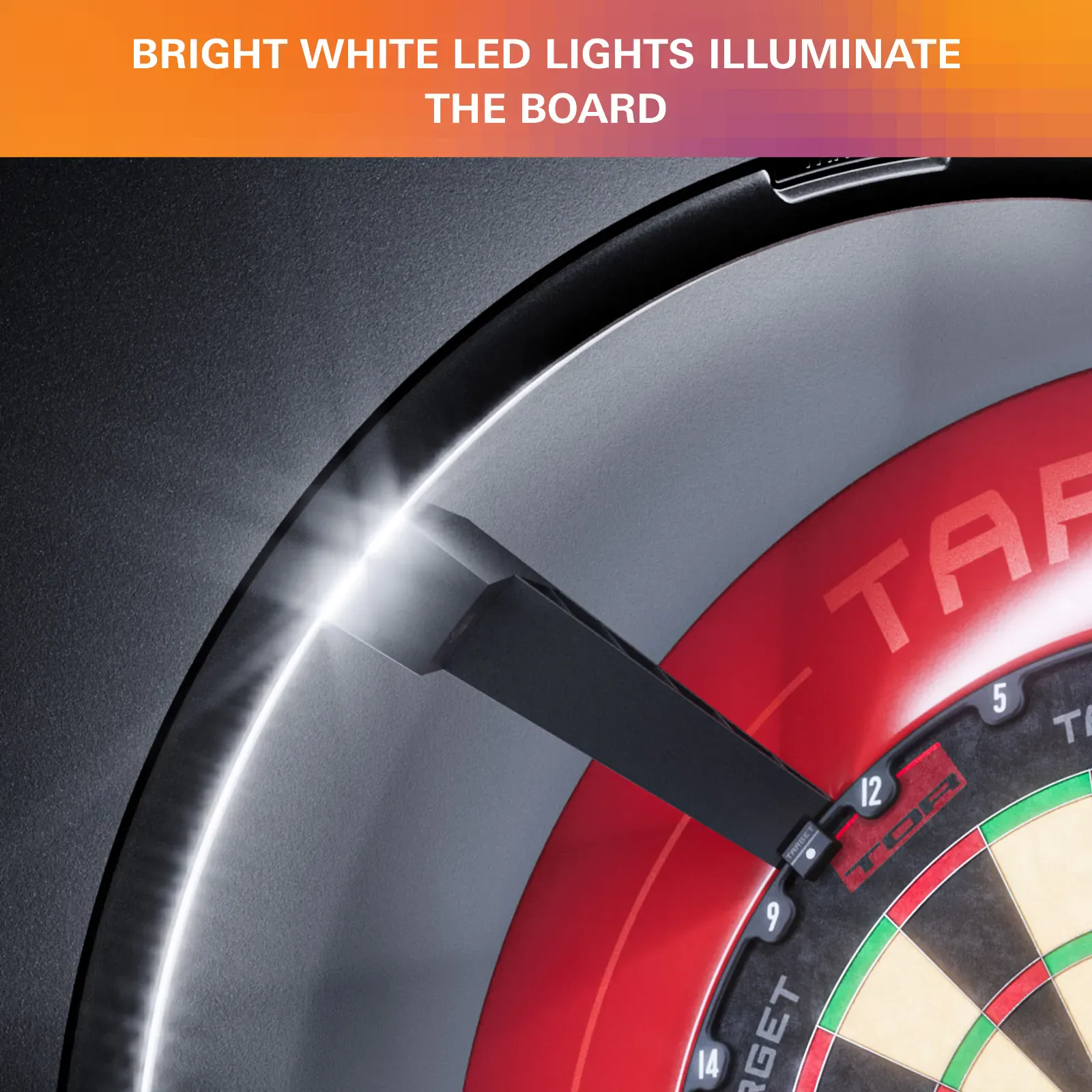 LED-Beleuchtung für das Dartboard mit Text 'Bright White LED Lights Illuminate the Board'.