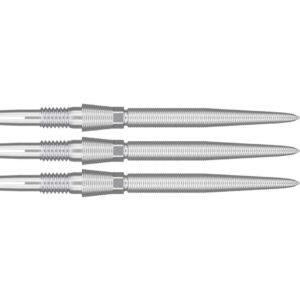 Drei Dartpfeile mit silbernem Finish und 30mm Länge auf weißem Hintergrund.