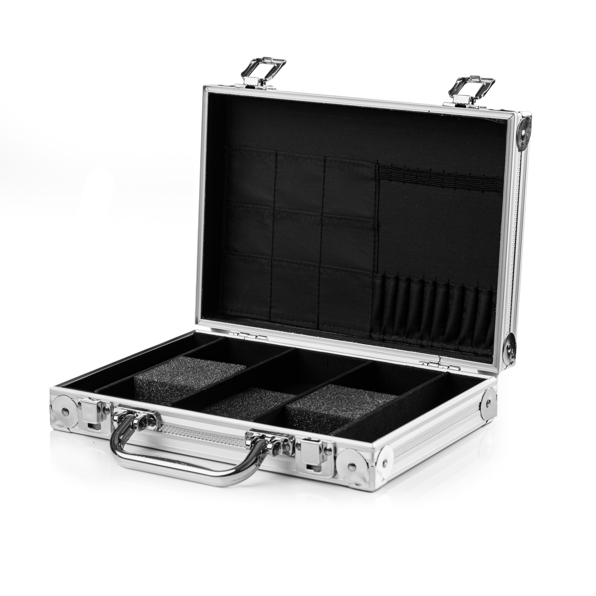 Luxus Dartkoffer aus Aluminium mit Innenfächern und Zubehörfächern.