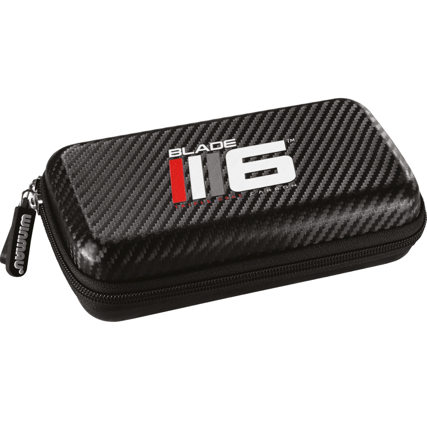 Winmau Blade 6 Dart Case aus Carbonoptik mit Reißverschluss.
