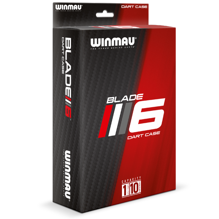 Winmau Blade 6 Dart Case in schwarzer Verpackung mit rotem Akzent.